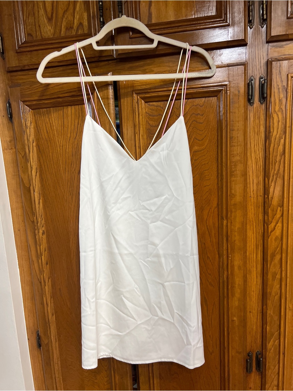 Women’s White Slip Dress with Pink & white Straps.  Fully lined   Zipper in back
